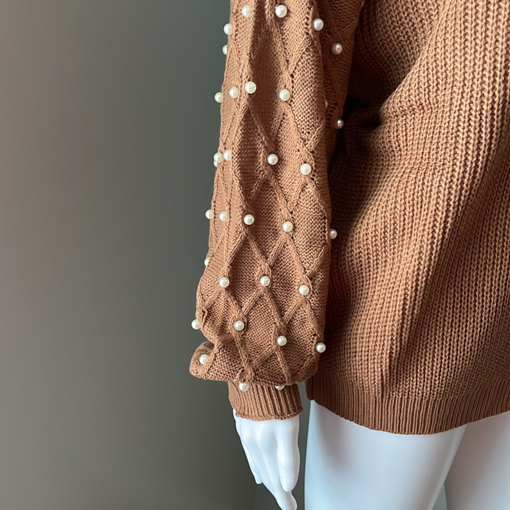 SHEIN LUNE Brown Crewneck Sweater with Pearl Accented Sleeves Size 6 - Picture 3 of 8